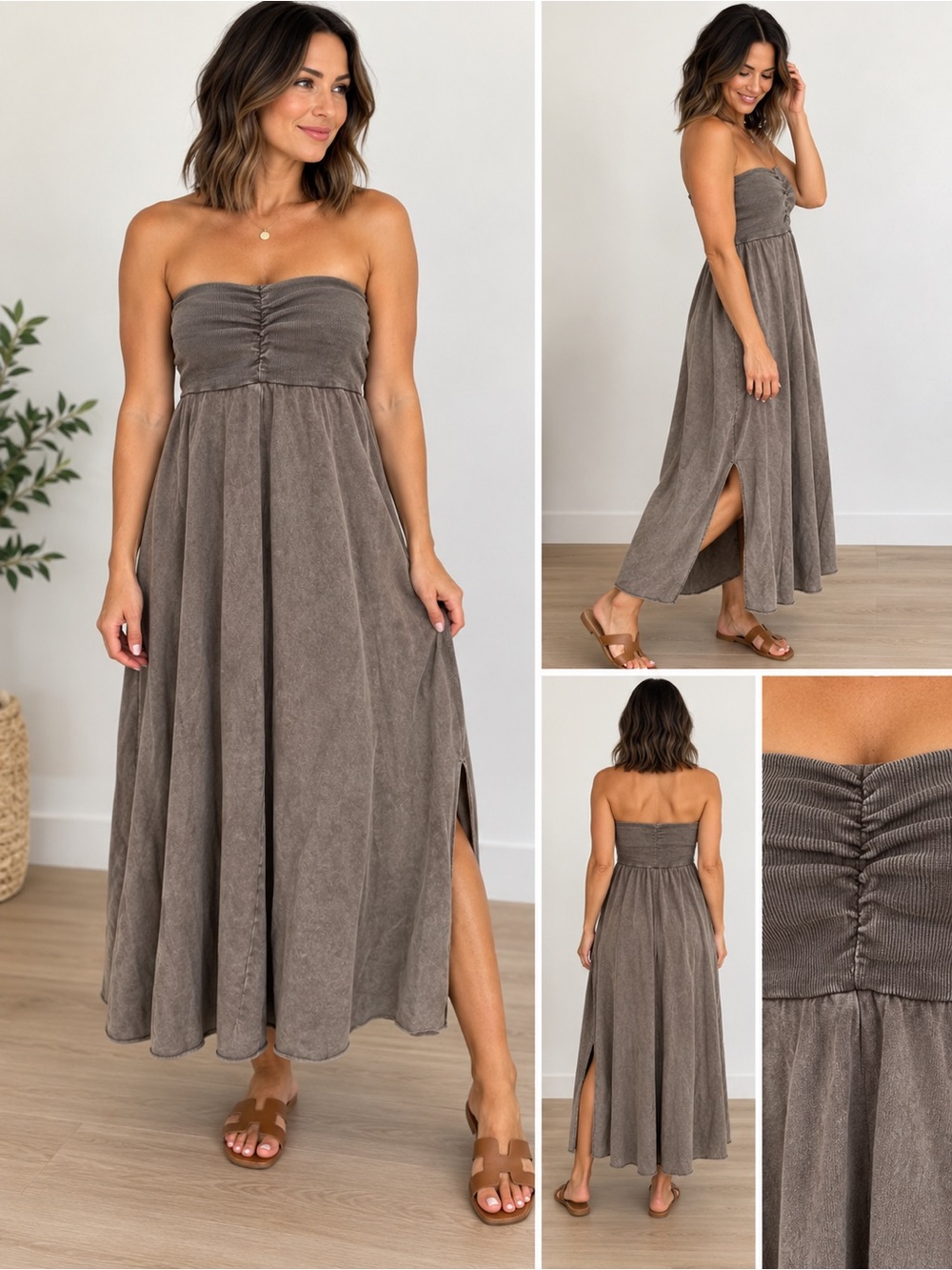 Easel Women's Taupe Mineral Wash Midi Dress Boho Earthy Festival Size Medium